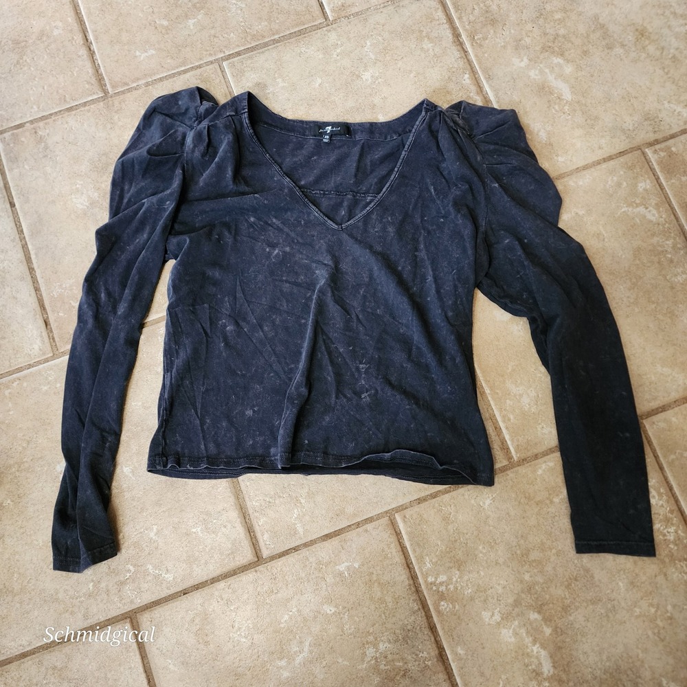 7 For All Mankind Womens XS Acid Wash Black Puff Sleeve V-Neck Cotton Top